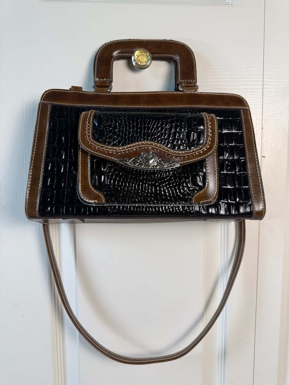 Brighton Black Croc Embossed Leather Satchel Handbag Heart Concho Office Chic